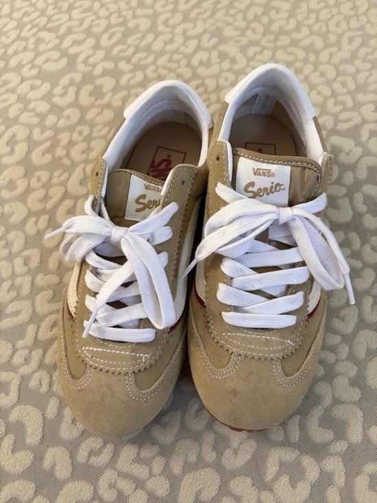 Vans Shoes - Vans Serio Beige Suede Sneakers with White Laces and Red Accent